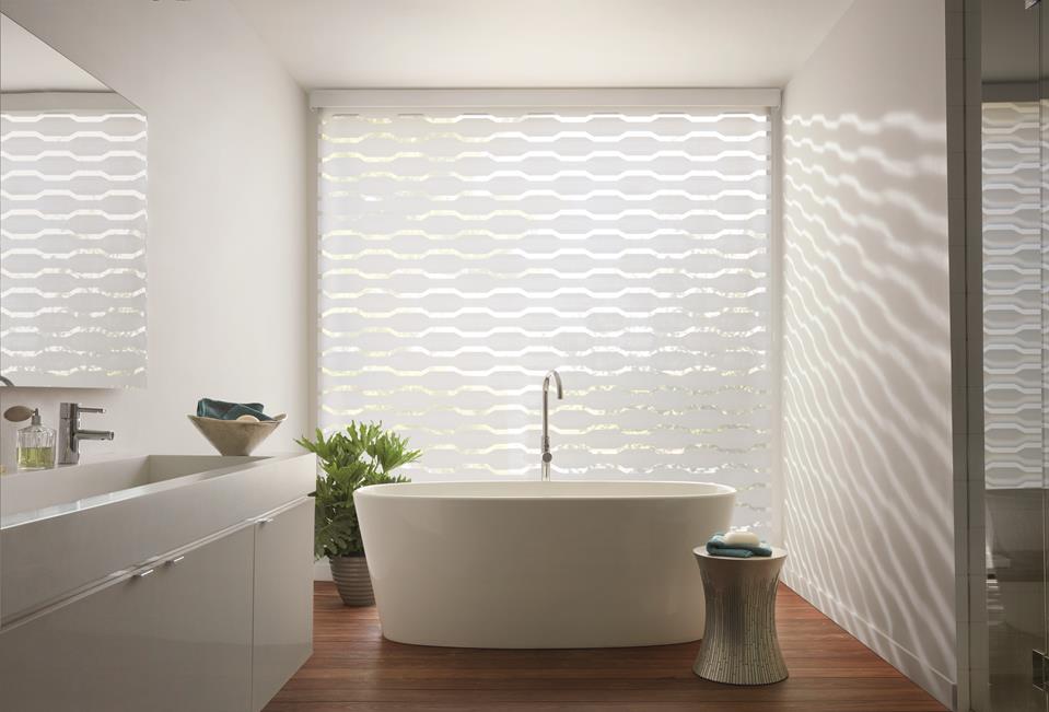 transition roller shades also known as zebra shades, in bathroom by a shade above window fashions