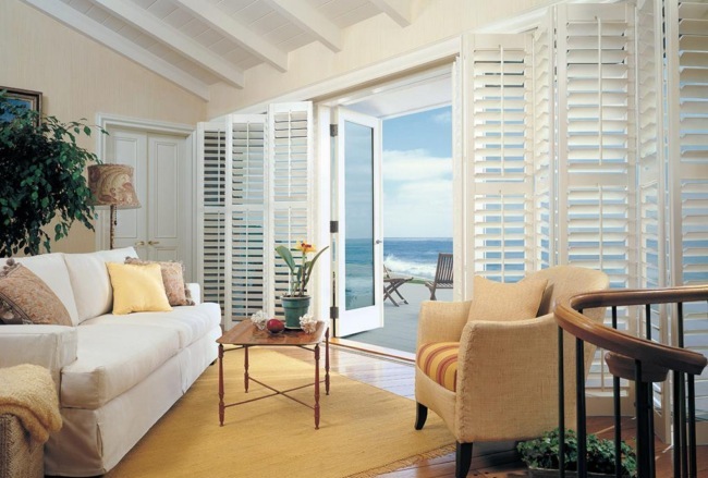 bifold plantaion shutters on a sliding glass door